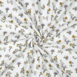 1 coupon de 65cm -  Tissu double gaze de coton Bio Violaine motif fleurs fond blanc