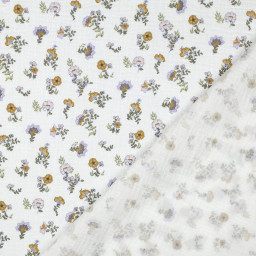 1 coupon de 65cm -  Tissu double gaze de coton Bio Violaine motif fleurs fond blanc