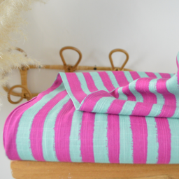 1 coupon de 90cm - Tissu viscose mélangée à rayures larges vert et fuchsia - OEKO TEX