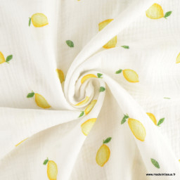 1 coupon de 1m27- Double gaze motif citrons fond blanc - OEKO TEX