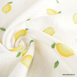 1 coupon de 1m27- Double gaze motif citrons fond blanc - OEKO TEX