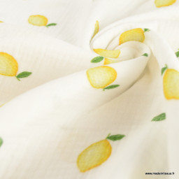 1 coupon de 1m27- Double gaze motif citrons fond blanc - OEKO TEX