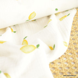 1 coupon de 1m27- Double gaze motif citrons fond blanc - OEKO TEX