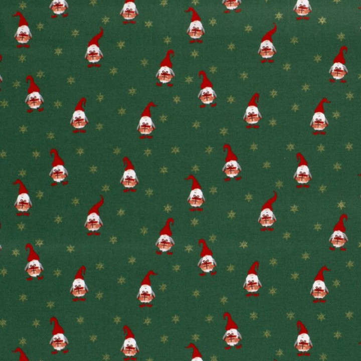 Tissu de Noël motif gnomes fond vert sapin - Oeko tex