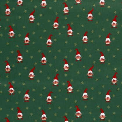Tissu de Noël motif gnomes fond vert sapin - Oeko tex