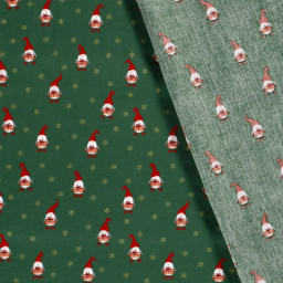 1 coupon de 90cm -  Tissu de Noël motif gnomes fond vert sapin - OEKO TEX