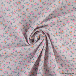 1 coupon de 60cm -  Double gaze de coton Bio, OEKO TEX Santina motifs fleurs pétrole et pointe de rose fluo