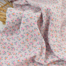 1 coupon de 60cm -  Double gaze de coton Bio, OEKO TEX Santina motifs fleurs pétrole et pointe de rose fluo