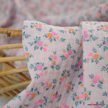 Double gaze de coton Bio, oeko tex Santina motifs fleurs pétrole et pointe de rose fluo