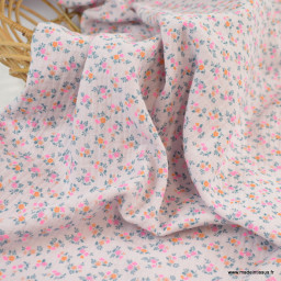 1 coupon de 60cm -  Double gaze de coton Bio, OEKO TEX Santina motifs fleurs pétrole et pointe de rose fluo
