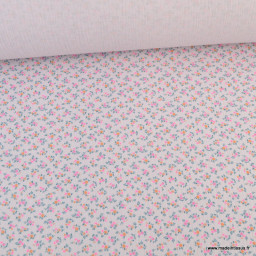1 coupon de 60cm -  Double gaze de coton Bio, OEKO TEX Santina motifs fleurs pétrole et pointe de rose fluo