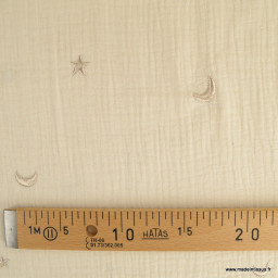 1 coupon de 1m -  Tissu Double gaze brodée lunes et étoiles fond écru - OEKO TEX