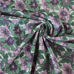1 coupon de 1m90 -  Seersucker motif Fleurs prune et vertes fond écru