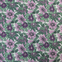 1 coupon de 1m90 -  Seersucker motif Fleurs prune et vertes fond écru