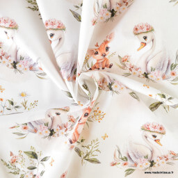 1 coupon de 35cm -  Tissu coton Swany – cygnes & faon fond blanc -  OEKO TEX