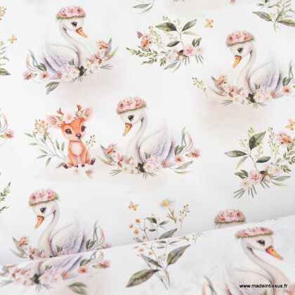 tissu coton Swany motif cygnes et faon fond blanc