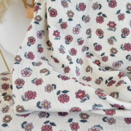 1 coupon de 30cm -  Tissu double gaze Octave motif fleurs fond écru - OEKO TEX