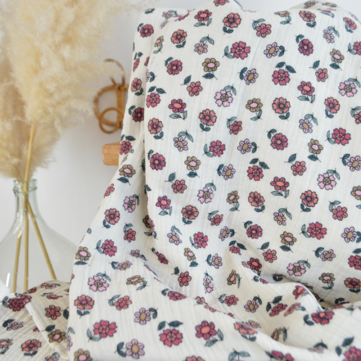 Tissu double gaze Octave motif fleurs fond écru - OEKO TEX