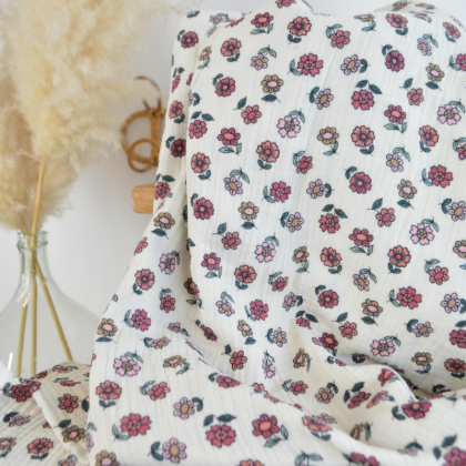Tissu double gaze Octave motif fleurs fond écru - OEKO TEX