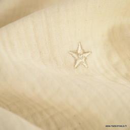 1 coupon de 95cm - Tissu Double gaze brodée lunes et étoiles fond écru - OEKO TEX