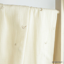 1 coupon de 95cm - Tissu Double gaze brodée lunes et étoiles fond écru - OEKO TEX