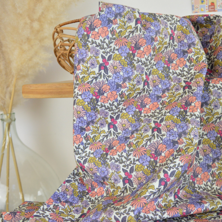 Tissu cretonne coton Seasons fleurs pêche et kaki - OEKO TEX