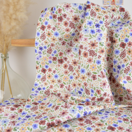 Tissu cretonne coton Rozenn motif fleurs prunes et bleues -  OEKO TEX