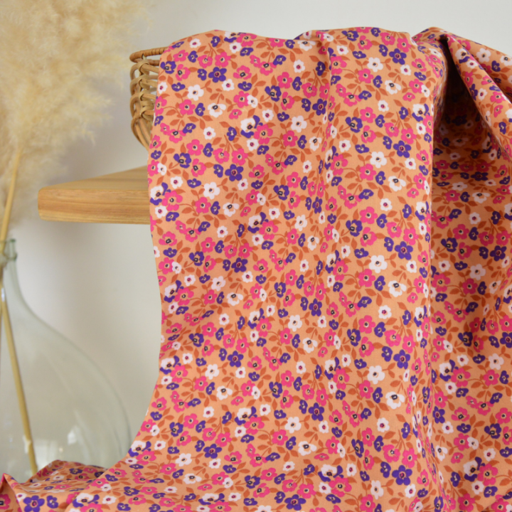 Tissu cretonne coton Thalie fleurs skin et violet - OEKO TEX