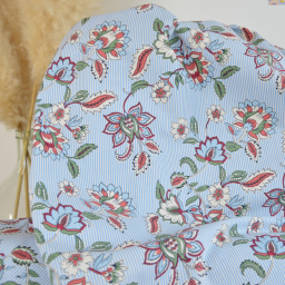 Tissu cretonne coton Panji fleurs et rayures ecru et bleu - OEKO TEX