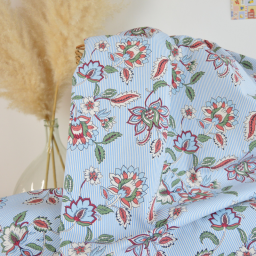 Tissu cretonne coton Panji fleurs et rayures ecru et bleu - OEKO TEX