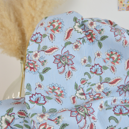 Tissu cretonne coton Panji fleurs et rayures ecru et bleu - OEKO TEX