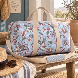 Tissu cretonne coton Panji fleurs et rayures ecru et bleu - OEKO TEX