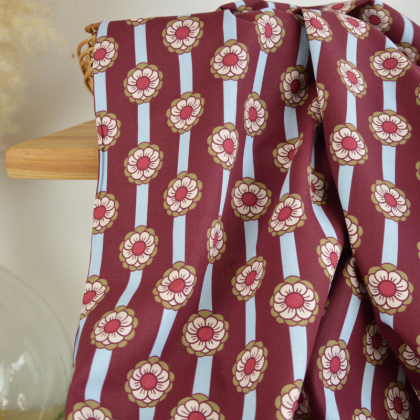 Tissu cretonne coton Tolina fleurs et rayures bordeaux et bleu - OEKO TEX