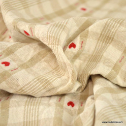 Tissu jacquard Ollon motif carreaux et coeurs - Ficelle