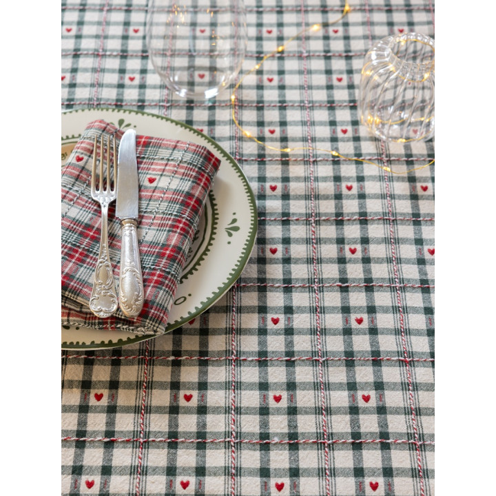 Tissu jacquard coton Villards – Carreaux verts et petits cœurs rouges