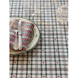Tissu jacquard coton Villards – Carreaux verts et petits cœurs rouges