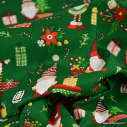 Tissu cretonne coton de Noël motif lutins fond vert - Okeo tex