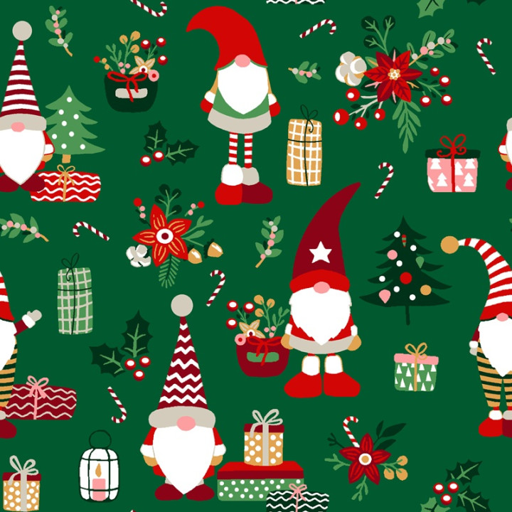 Tissu cretonne coton de Noël motif lutins fond vert - Okeo tex