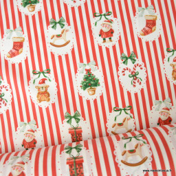 Tissu cretonne coton Sweetie rayures rouges et motifs de Noël - Okeo tex