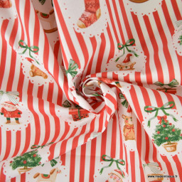 Tissu cretonne coton Sweetie rayures rouges et motifs de Noël - Okeo tex