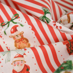 Tissu cretonne coton Sweetie rayures rouges et motifs de Noël - Okeo tex