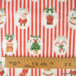 Tissu cretonne coton Sweetie rayures rouges et motifs de Noël - Okeo tex