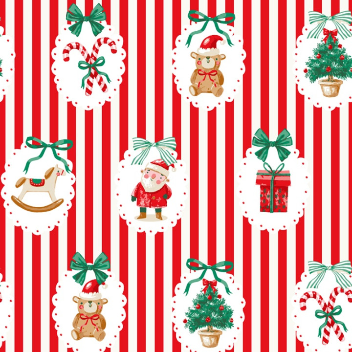 Tissu cretonne coton Sweetie rayures rouges et motifs de Noël - Okeo tex