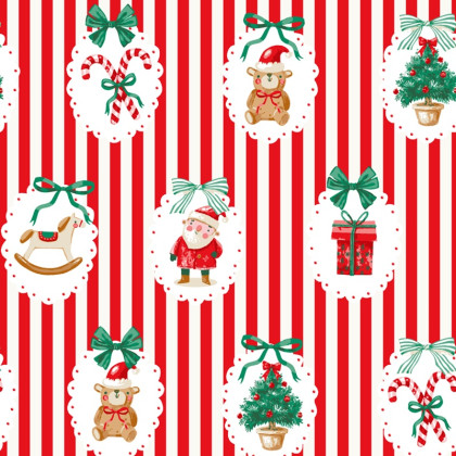 Tissu cretonne coton Sweetie rayures rouges et motifs de Noël - Okeo tex