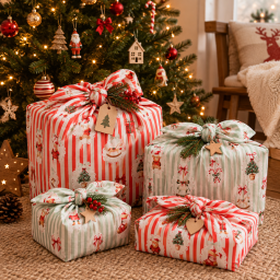 Tissu cretonne coton Sweetie – Rayures menthe et motifs de Noël - Okeo tex