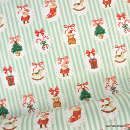 Tissu cretonne coton Sweetie – Rayures menthe et motifs de Noël - Okeo tex