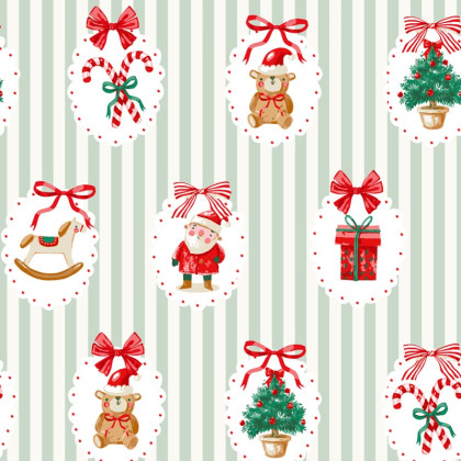 Tissu cretonne coton Sweetie – Rayures menthe et motifs de Noël - Okeo tex
