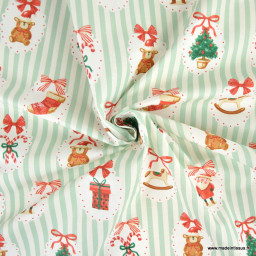 Tissu cretonne coton Sweetie – Rayures menthe et motifs de Noël - Okeo tex