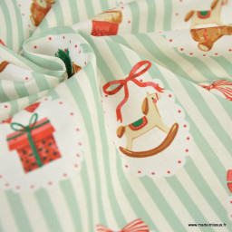 Tissu cretonne coton Sweetie – Rayures menthe et motifs de Noël - Okeo tex