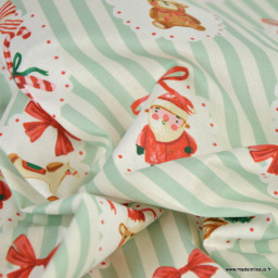 Tissu cretonne coton Sweetie – Rayures menthe et motifs de Noël - Okeo tex